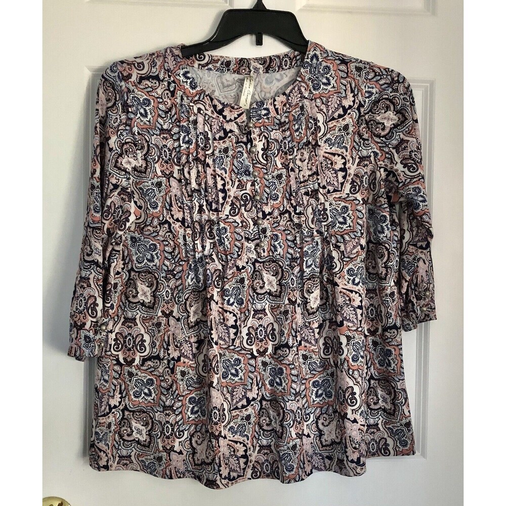 Per Seption Concept Tops Women's Size Medium Paisley Tunic Long Sleeve Crew Neck